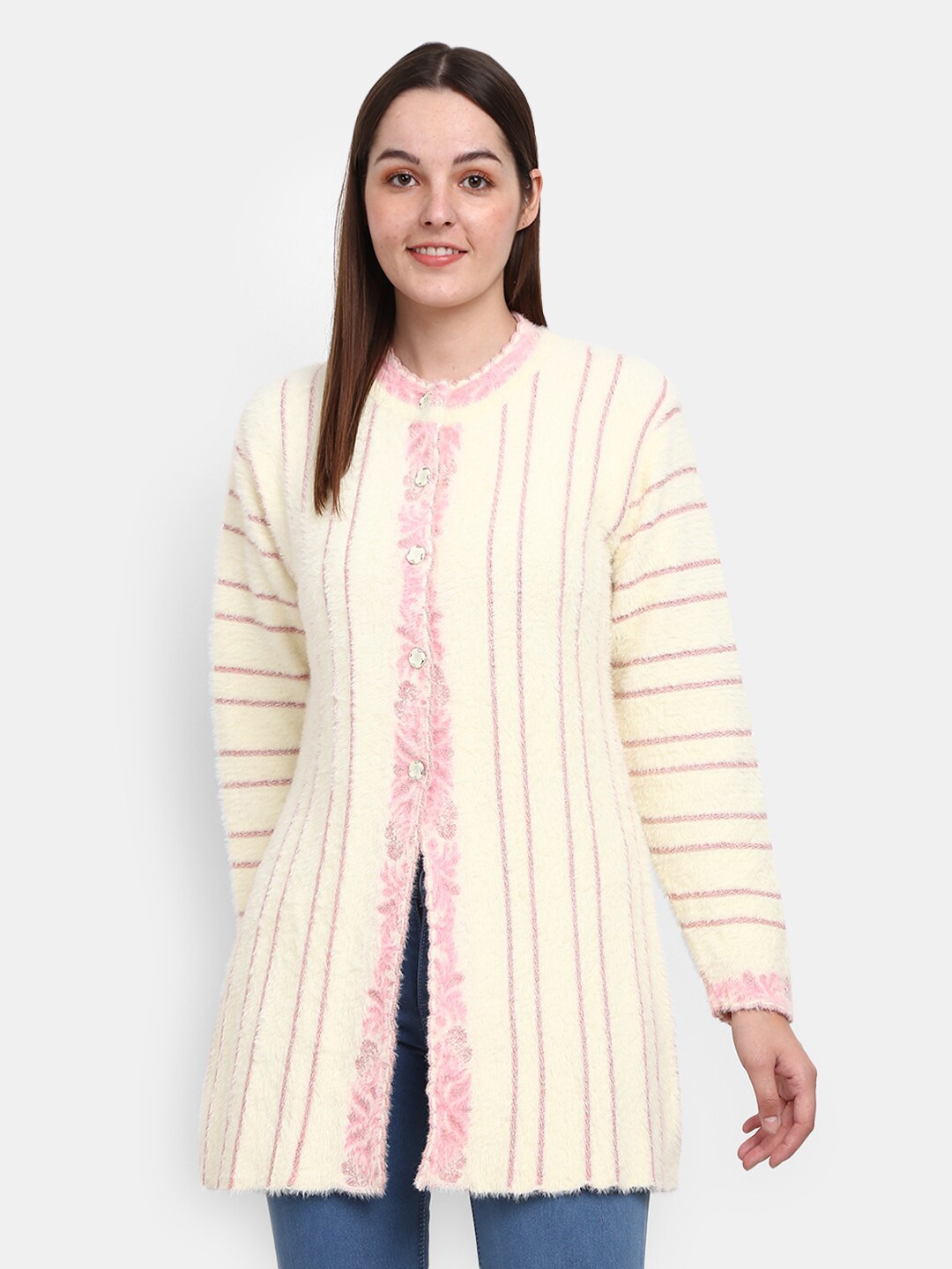 

V-Mart Striped Cotton Cardigan Sweater, Cream