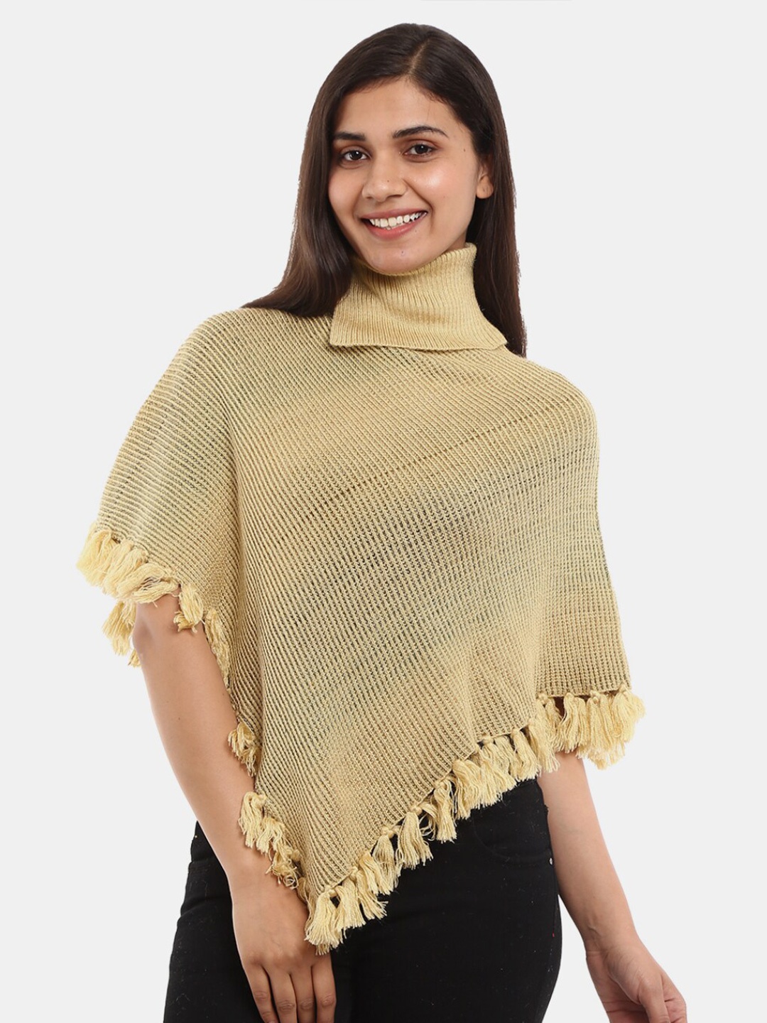 

V-Mart Turtle Neck Cotton Ribbed Poncho Sweaters, Beige