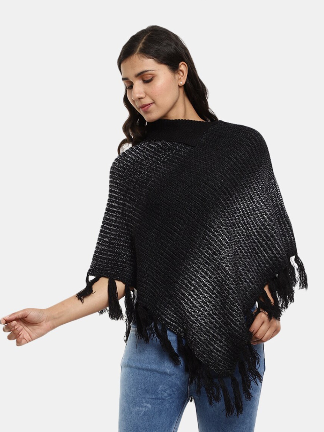 

V-Mart Turtle Neck Ribbed Cotton Poncho, Black