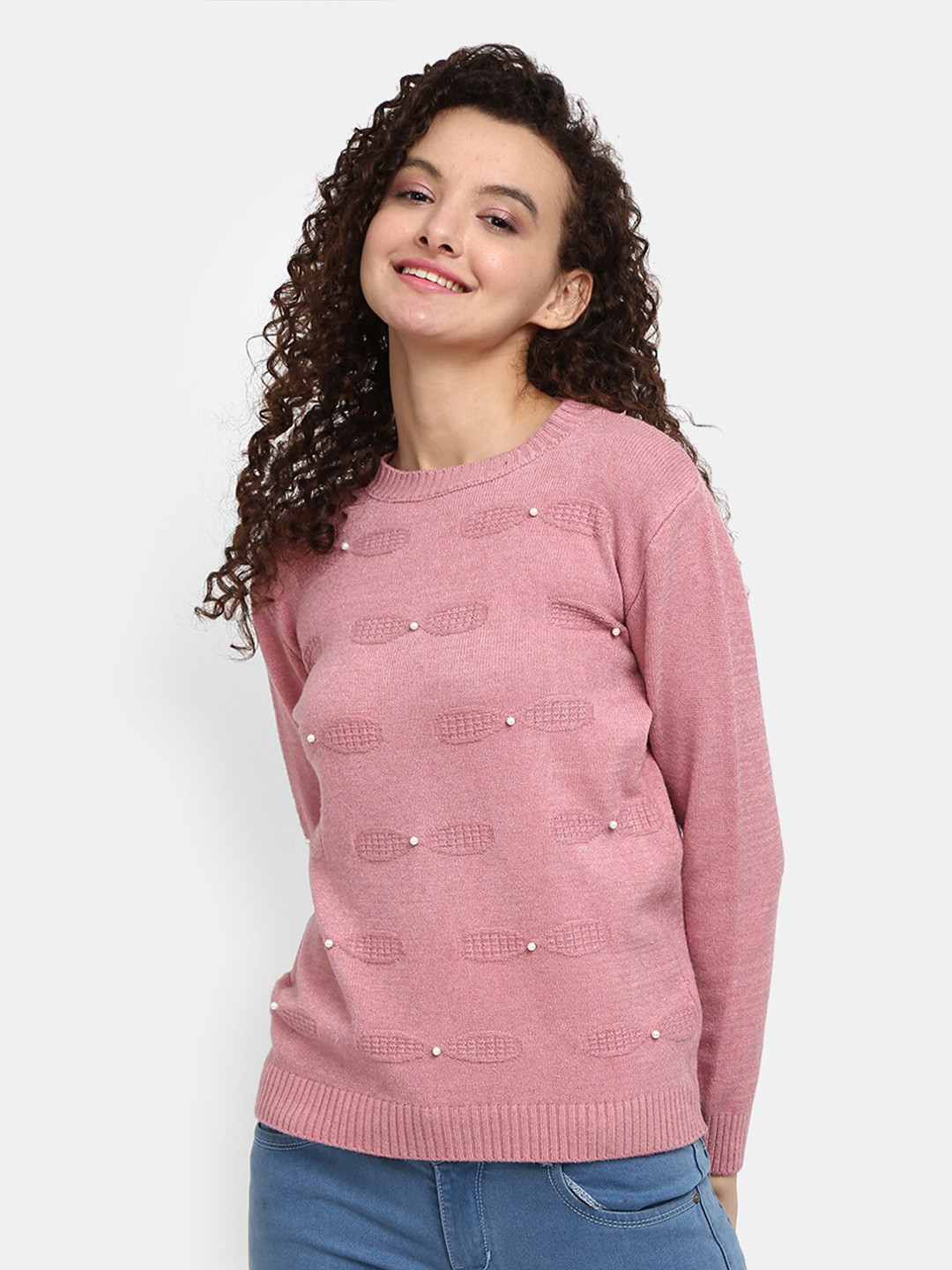 

V-Mart Embellished Ribbed Cotton Pullover, Pink