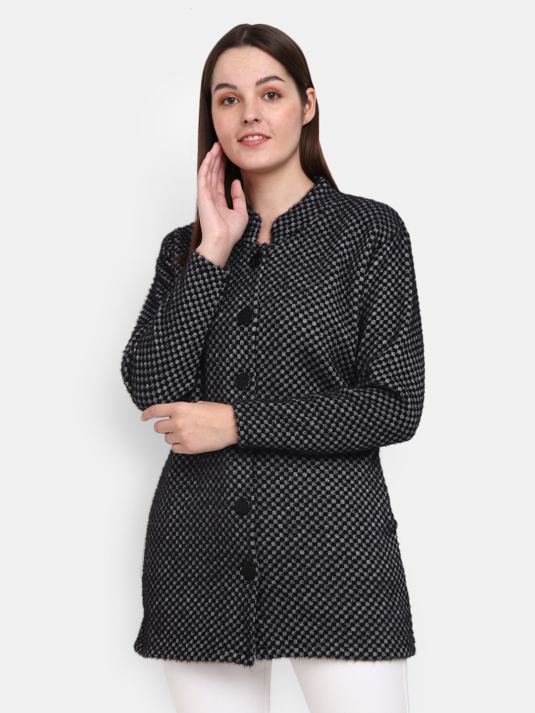 

V-Mart Self Design Printed Mock Collar Cotton Longline Cardigan Sweater, Black