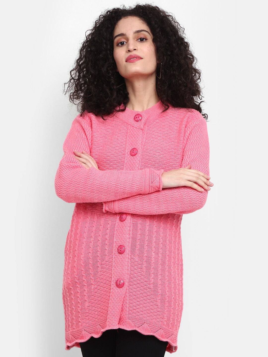 

V-Mart Cable Knit Self Design Button Detail Longline Cardigan, Pink