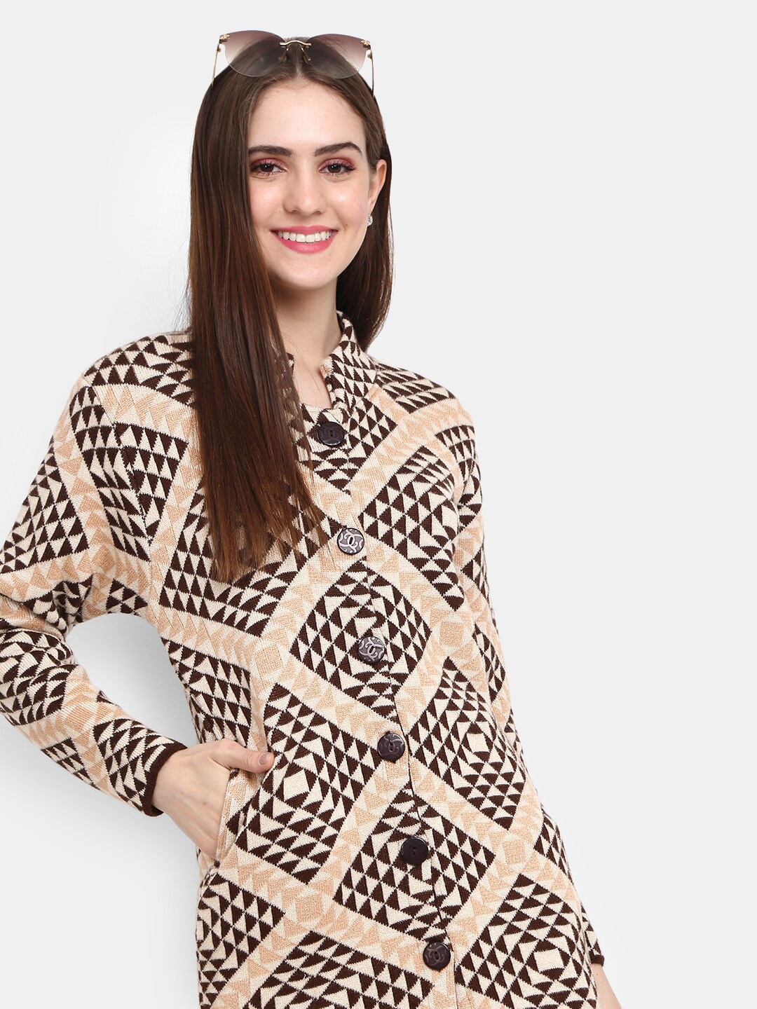 

V-Mart Geometric Printed Mock Collar Cotton Longline Cardigan, Brown