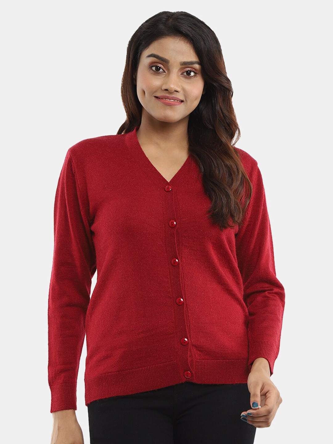 V-Mart V-Neck Ribbed Hem Cotton Cardigan, Maroon