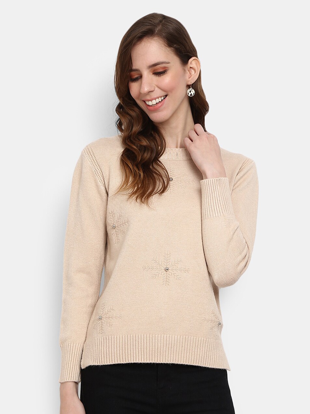 

V-Mart Ethnic Motifs Embroidered Cotton Pullover with Embellished Detail, Beige