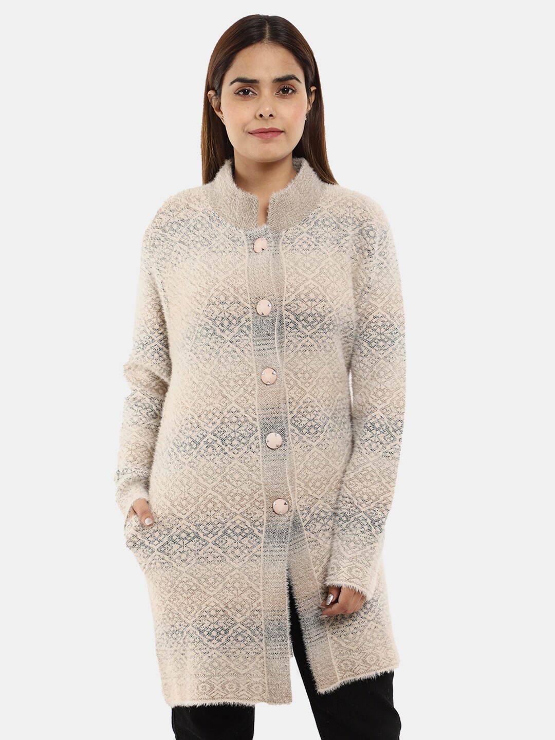 

V-Mart Self Design Boucle Mock Collar Cotton Cardigan, Beige