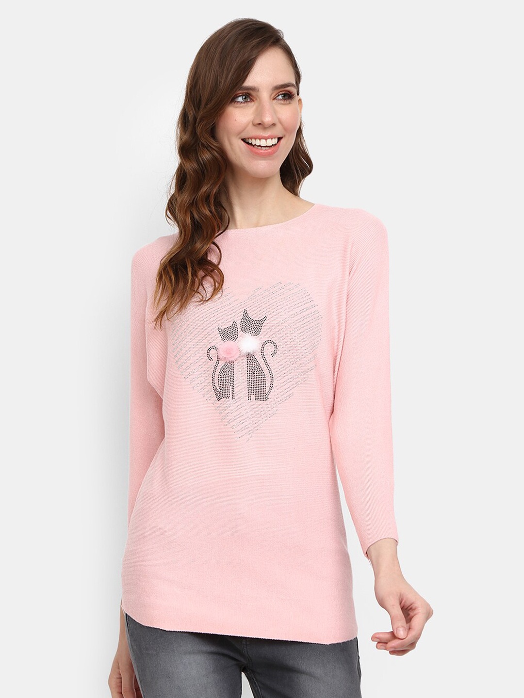 

V-Mart Graphic Printed Round Neck Cotton Pullover Sweaters with Embellished Detail, Pink