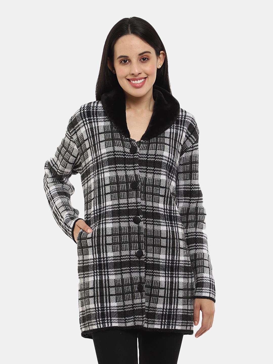 

V-Mart Checked Longline Cotton Cardigan, Black