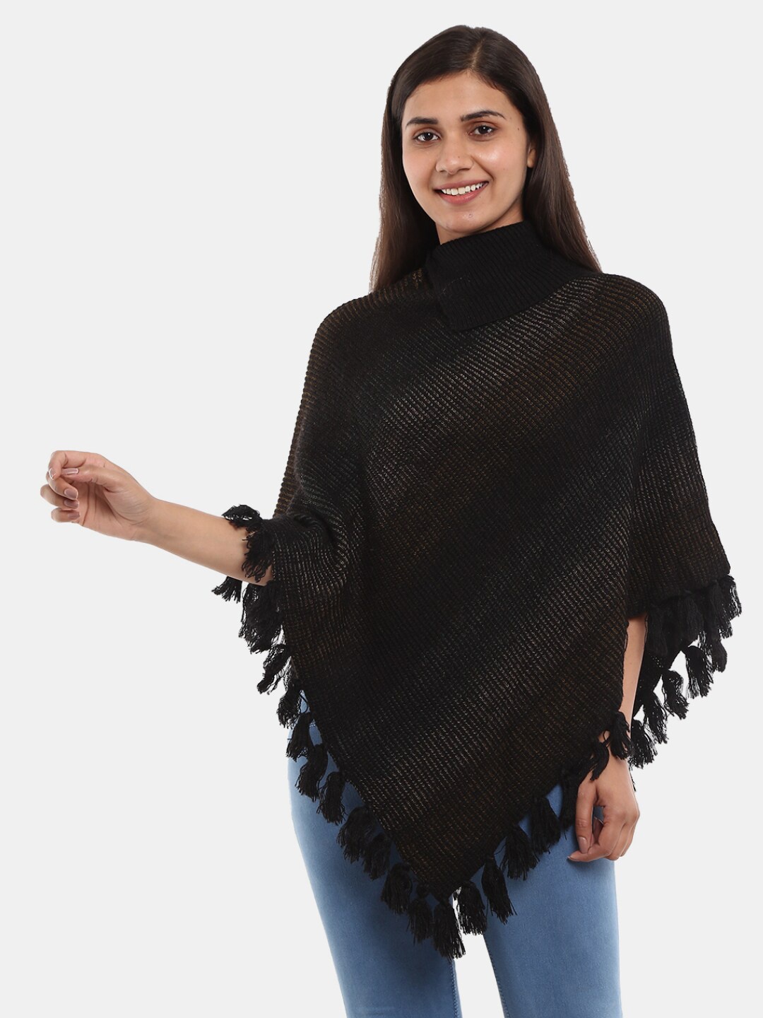 

V-Mart Turtle Neck Cotton Ribbed Poncho, Black