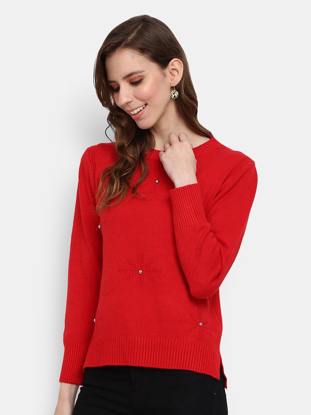 

V-Mart Self Design Cotton Pullover With Embellished Detail, Red