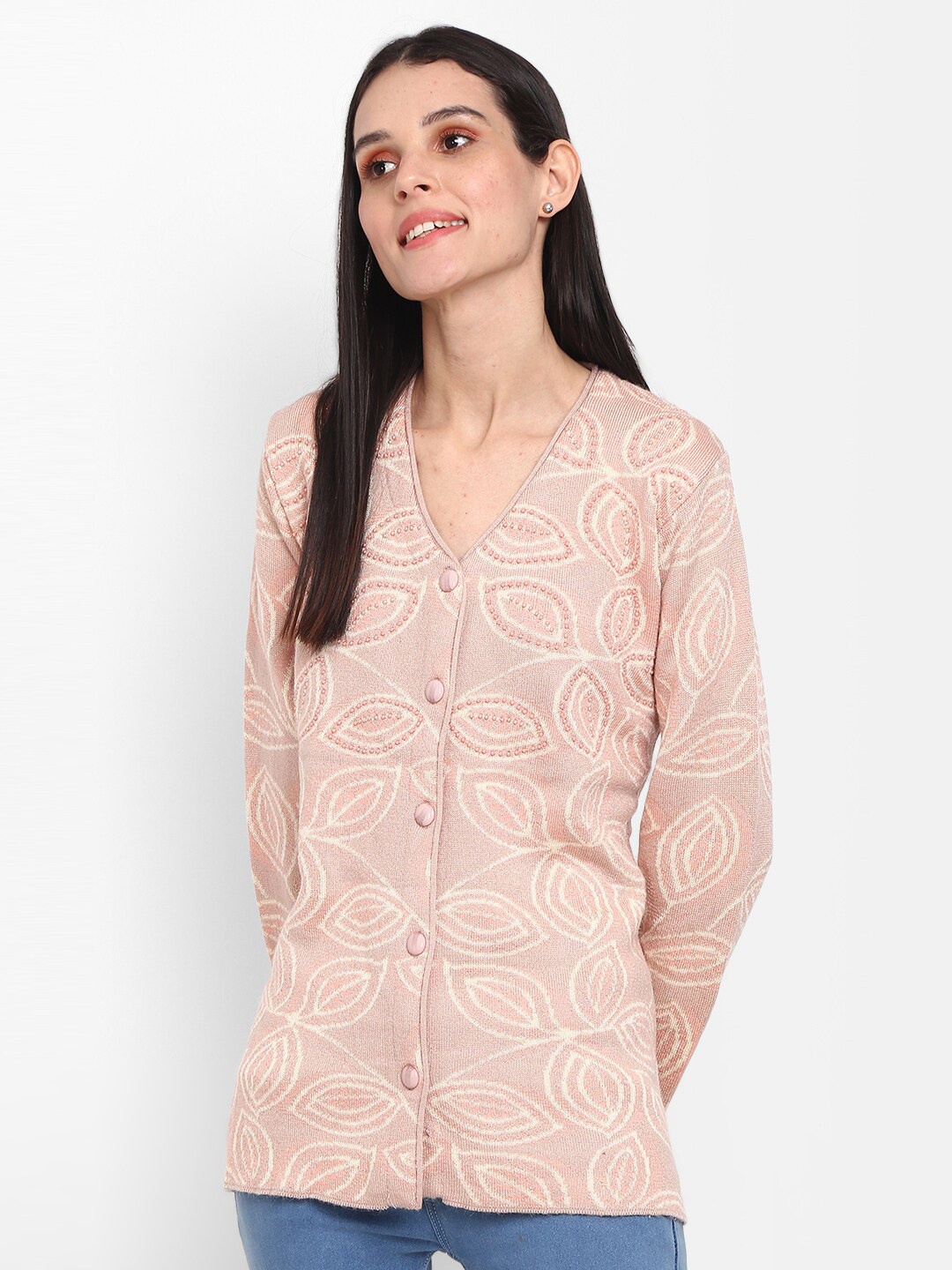 

V-Mart Self Design Cotton Cardigan With Embellished Detail, Beige