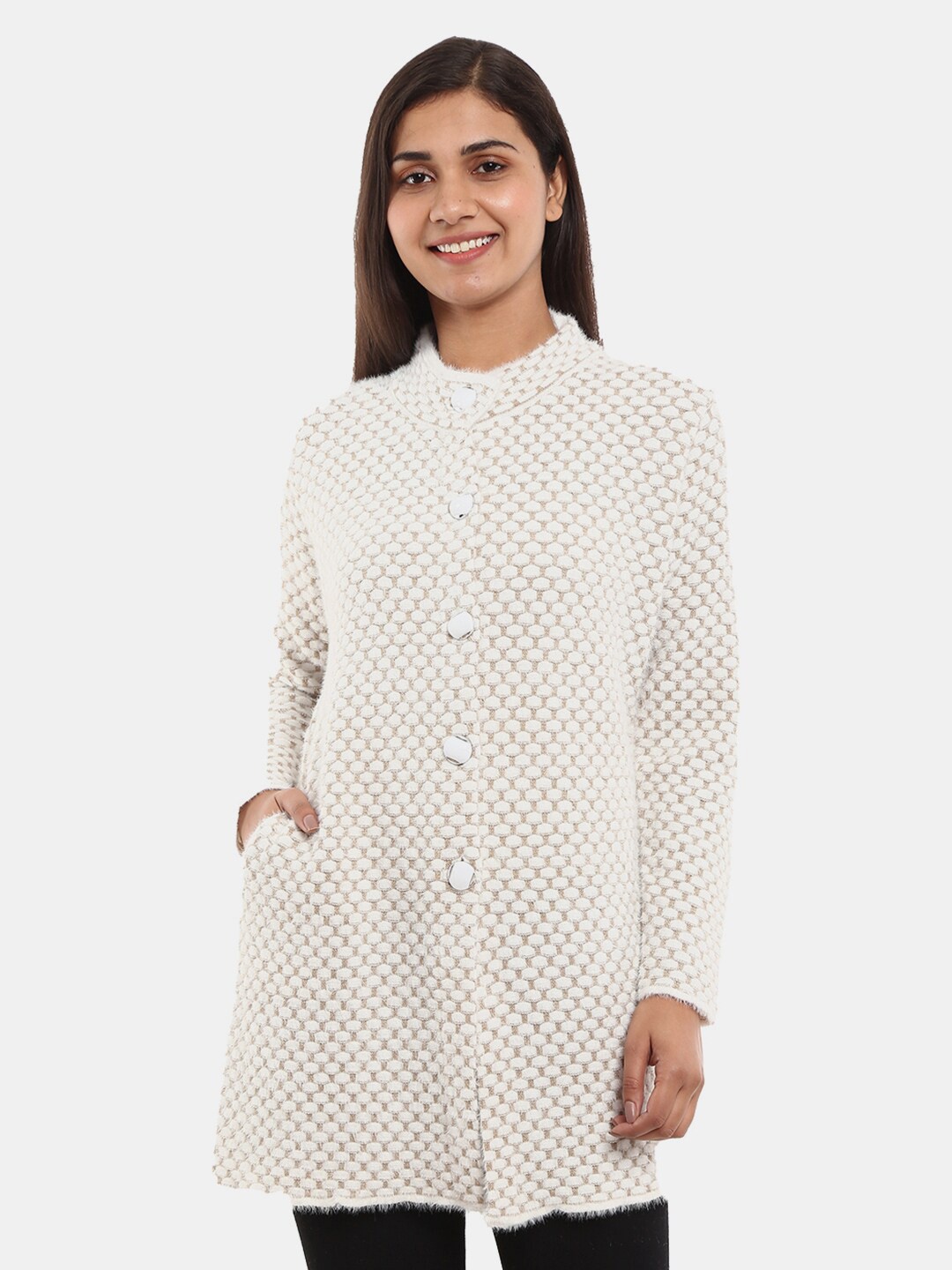 

V-Mart Self Design Cotton Longline Cardigan, White