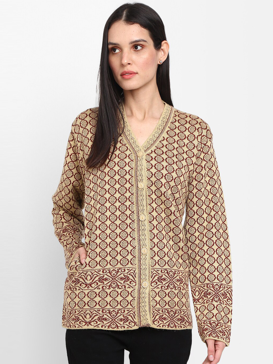 

V-Mart Self Design V-Neck Cotton Cardigan, Brown