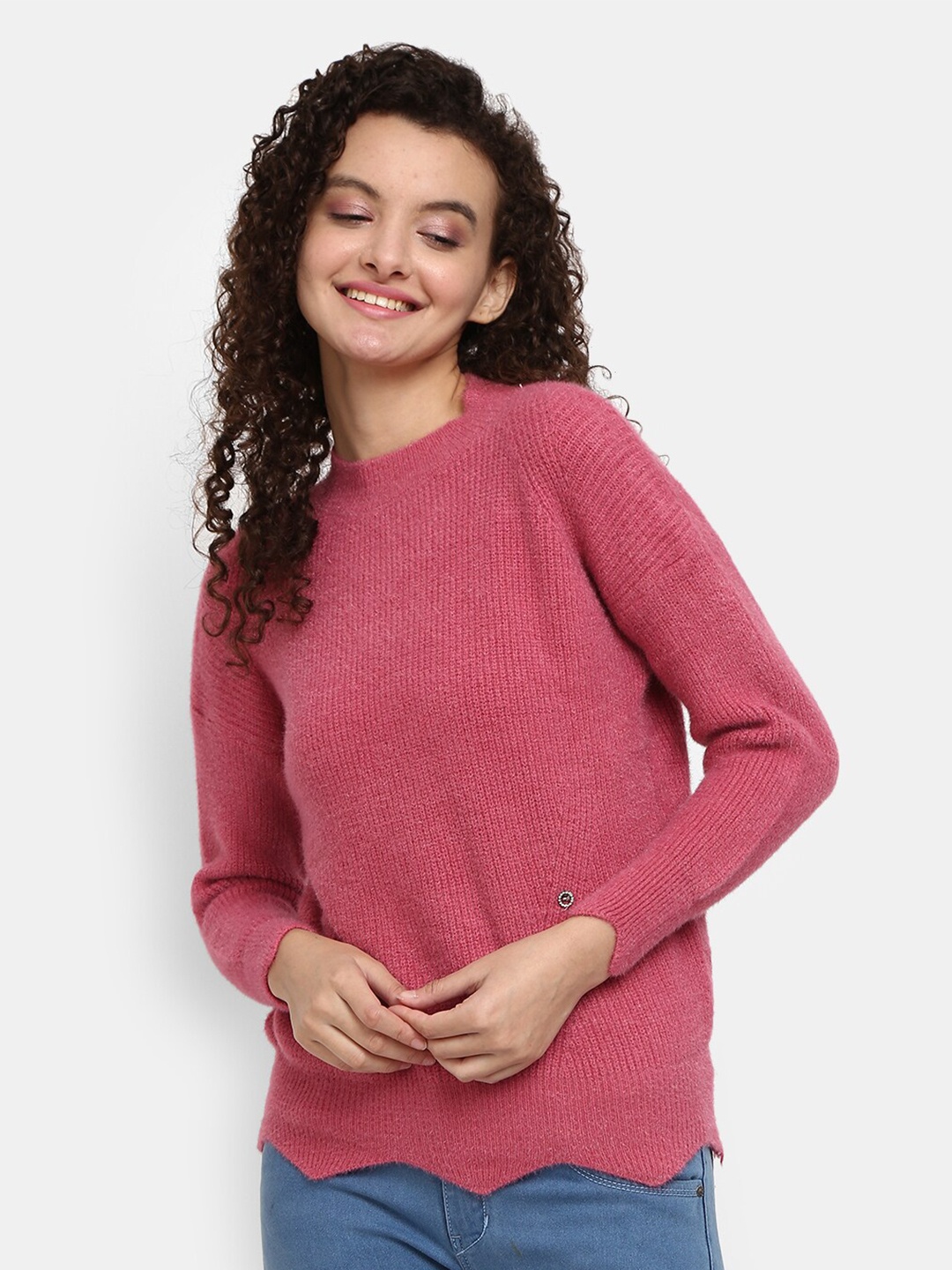 

V-Mart Women Round Neck Ribbed Cotton Pullover, Pink