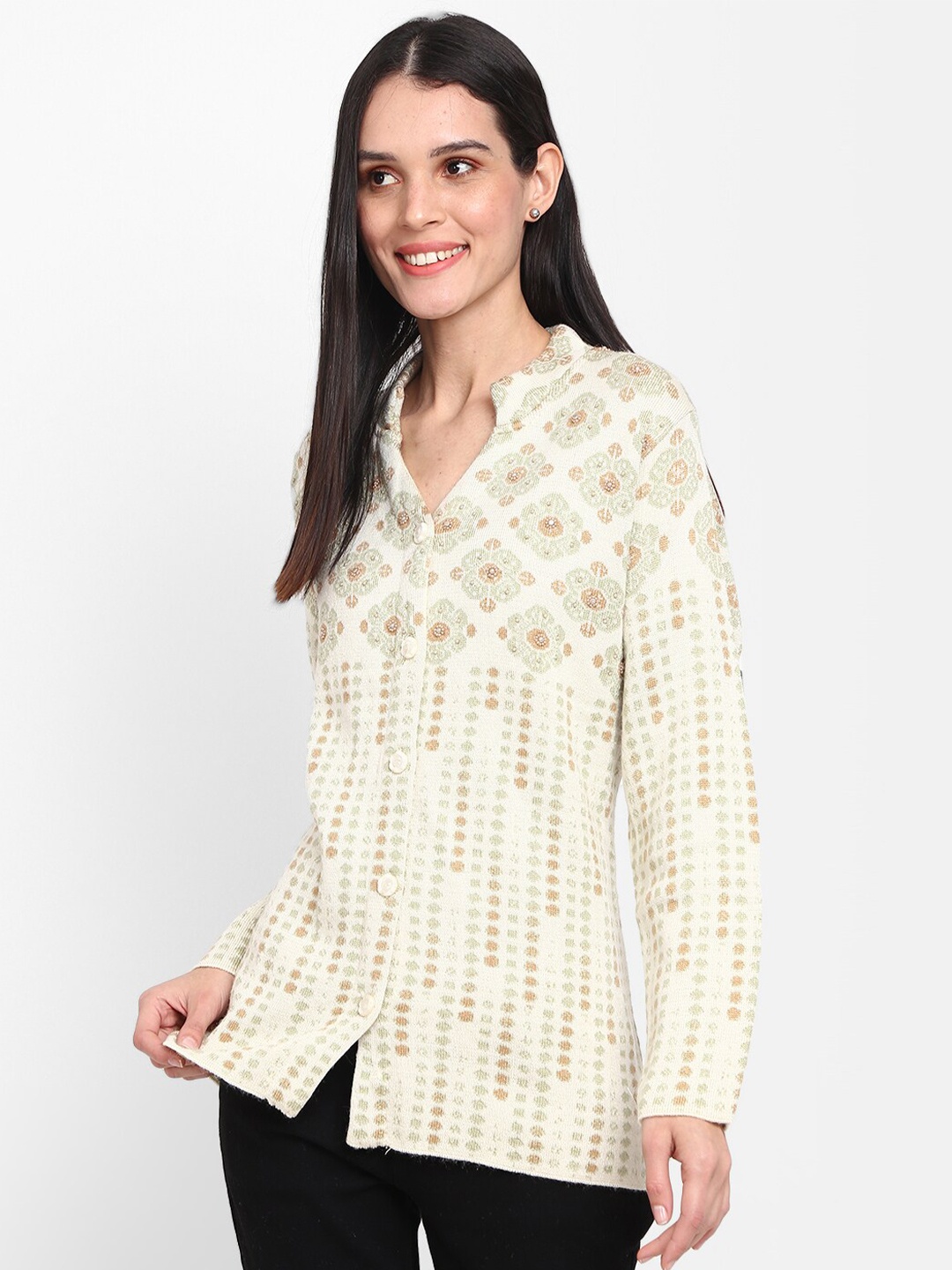 

V-Mart Self Design Cotton Cardigan With Embellished, Off white