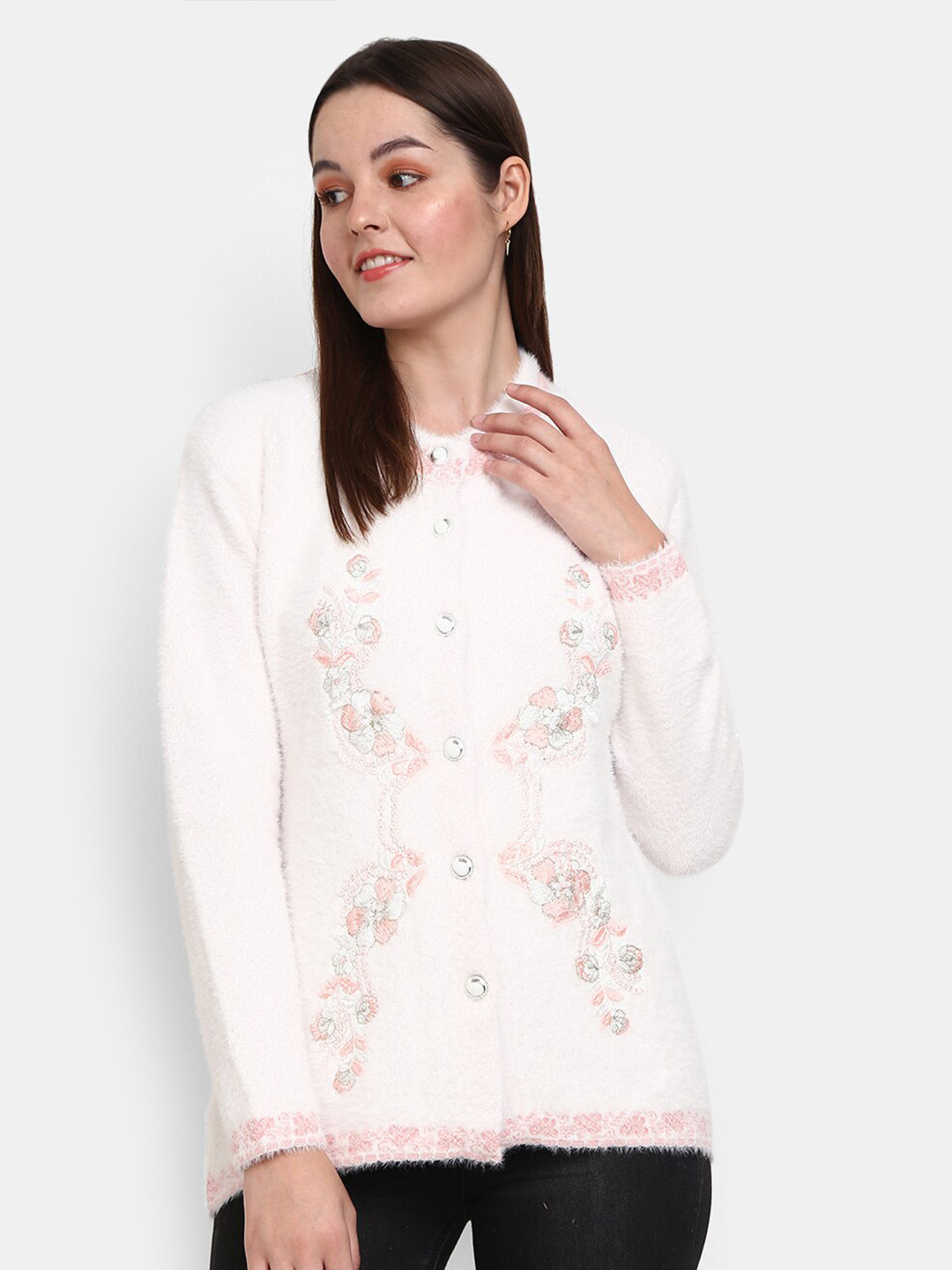 

V-Mart Floral Embroidered Fuzzy Cotton Cardigan, White