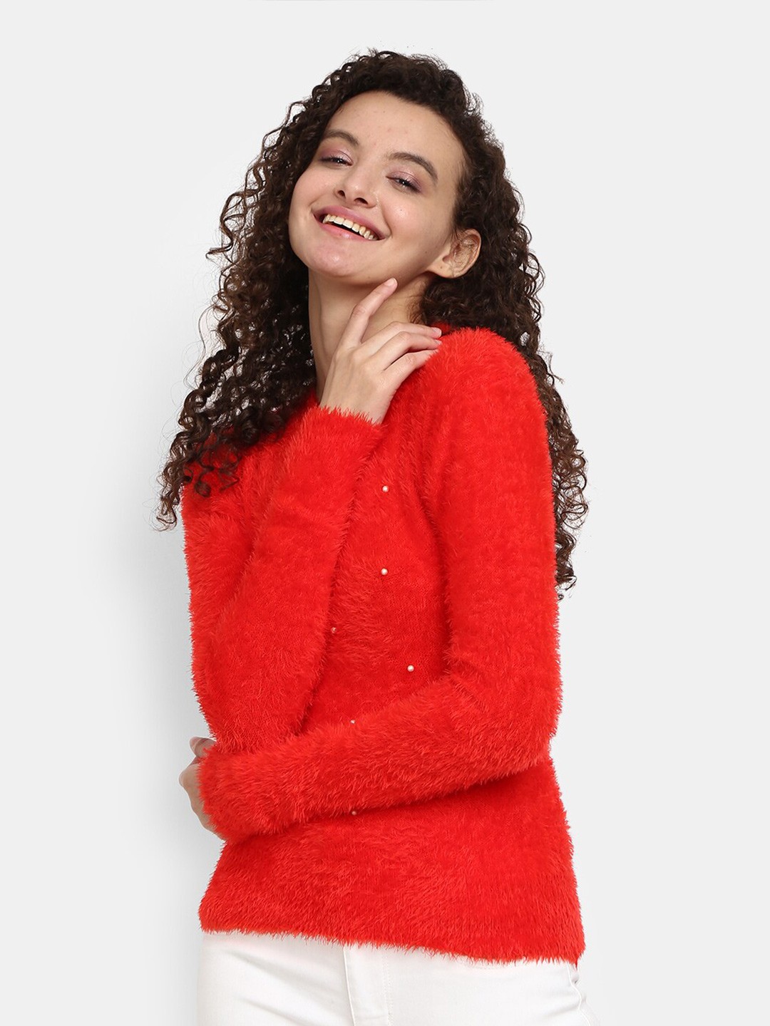 

V-Mart Round Neck Embellished Detail Cotton Pullover, Red