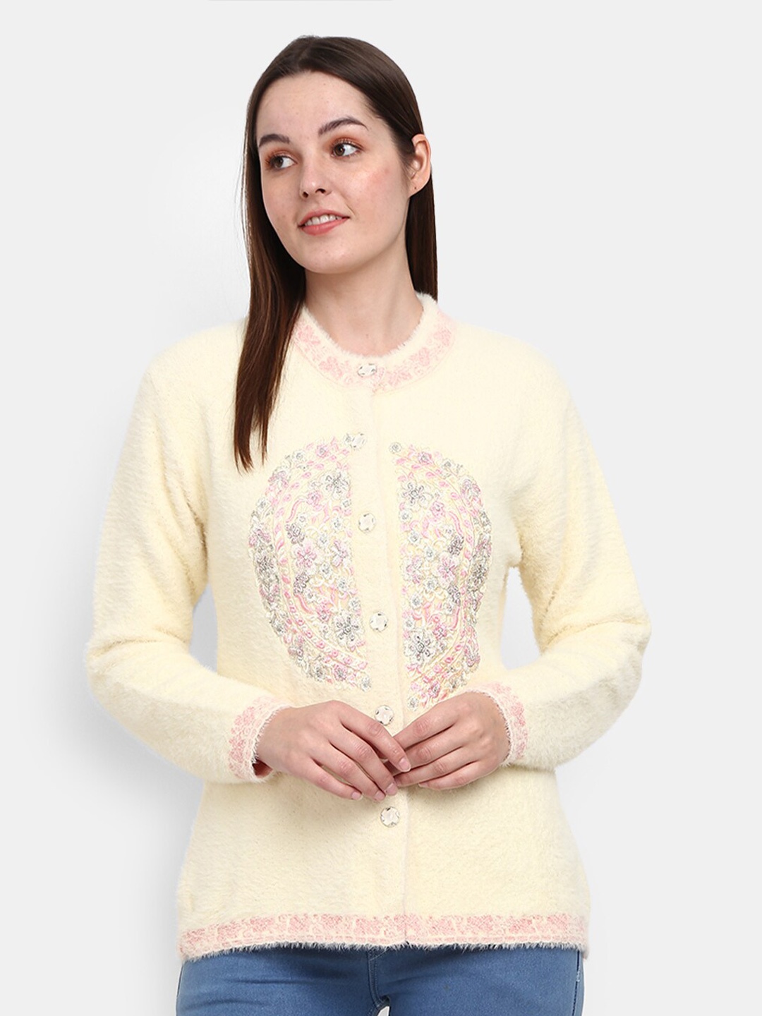 

V-Mart Floral Embroidered Round Neck Cotton Cardigan, Yellow