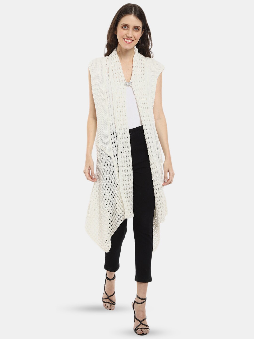 

V-Mart Open Knit Self Design Cotton Longline Cardigan, Off white