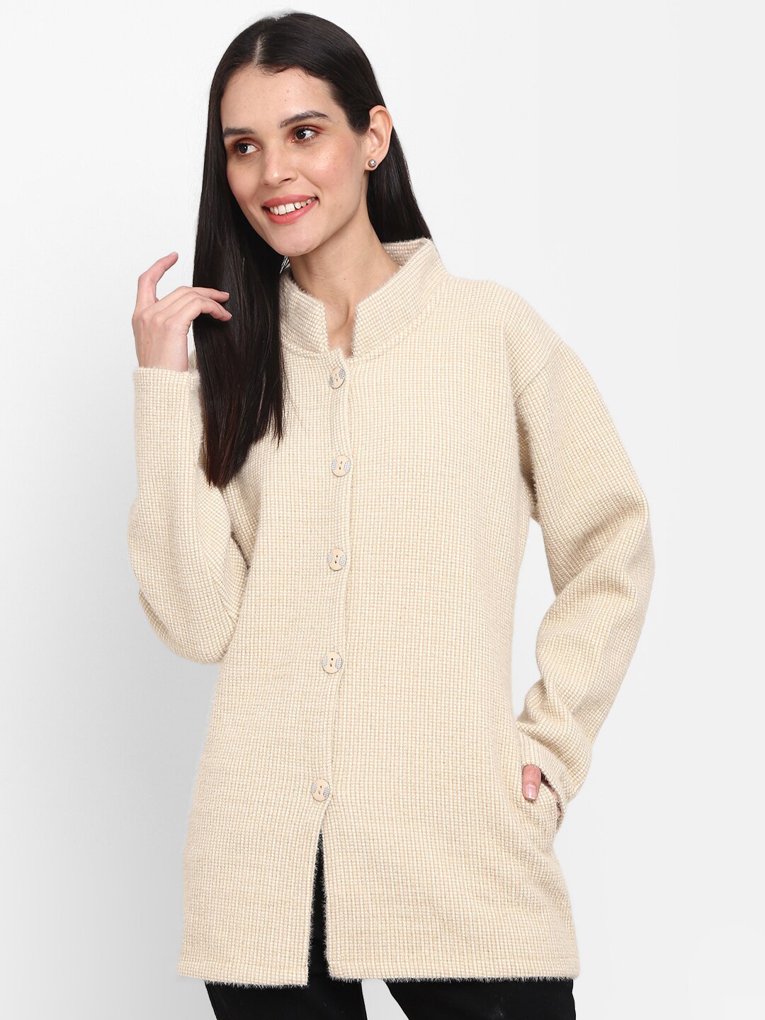 

V-Mart Women Self Design Mock Collar Longline Cotton Cardigan, Cream
