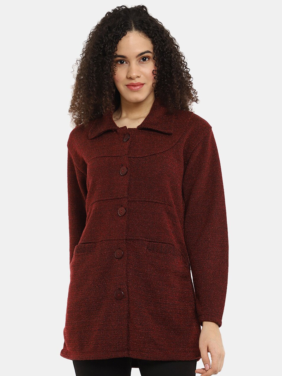 

V-Mart Women Self Design Shirt Collar Cotton Cardigan, Maroon
