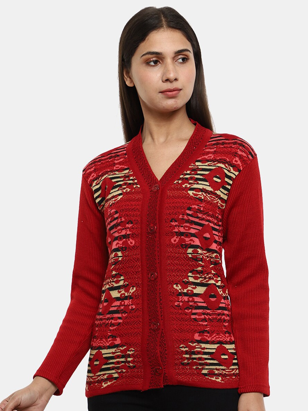 

V-Mart Printed Long Sleeves Acrylic Cardigan, Maroon