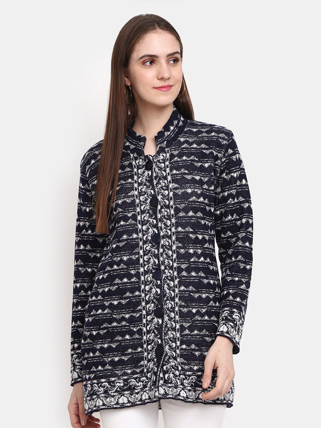

V-Mart Printed Cotton Longline Cardigan, Navy blue