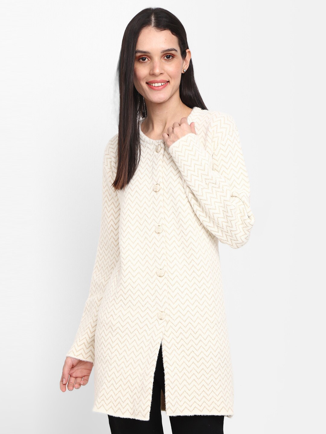 

V-Mart Chevron Printed Round Neck Cotton Longline Cardigan, Off white