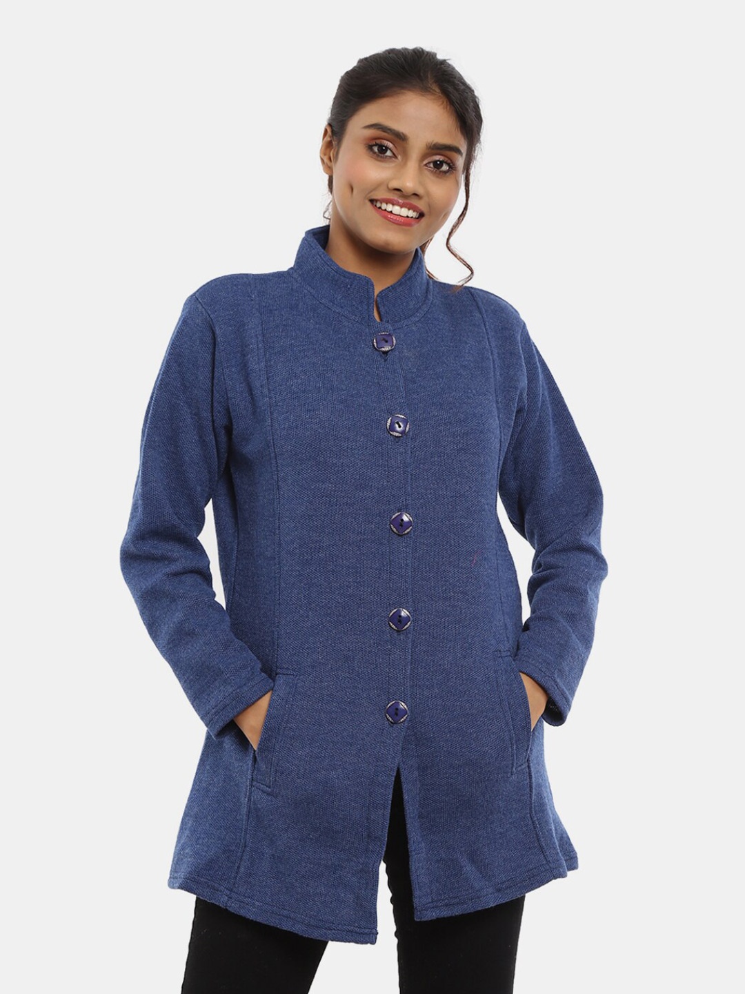 

V-Mart Mock Collar Longline Acrylic Cardigan, Blue