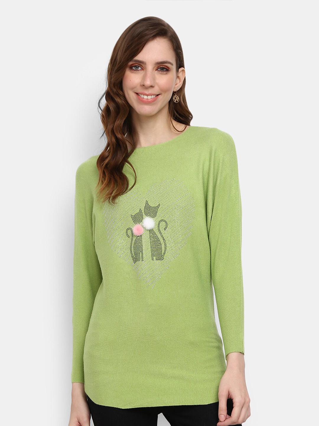 

V-Mart Embellished Cotton Pullover Sweater, Green