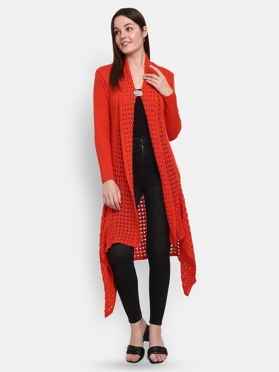 

V-Mart Open Knit Longline Asymmetric Hem Cotton Front-Open Sweater, Orange