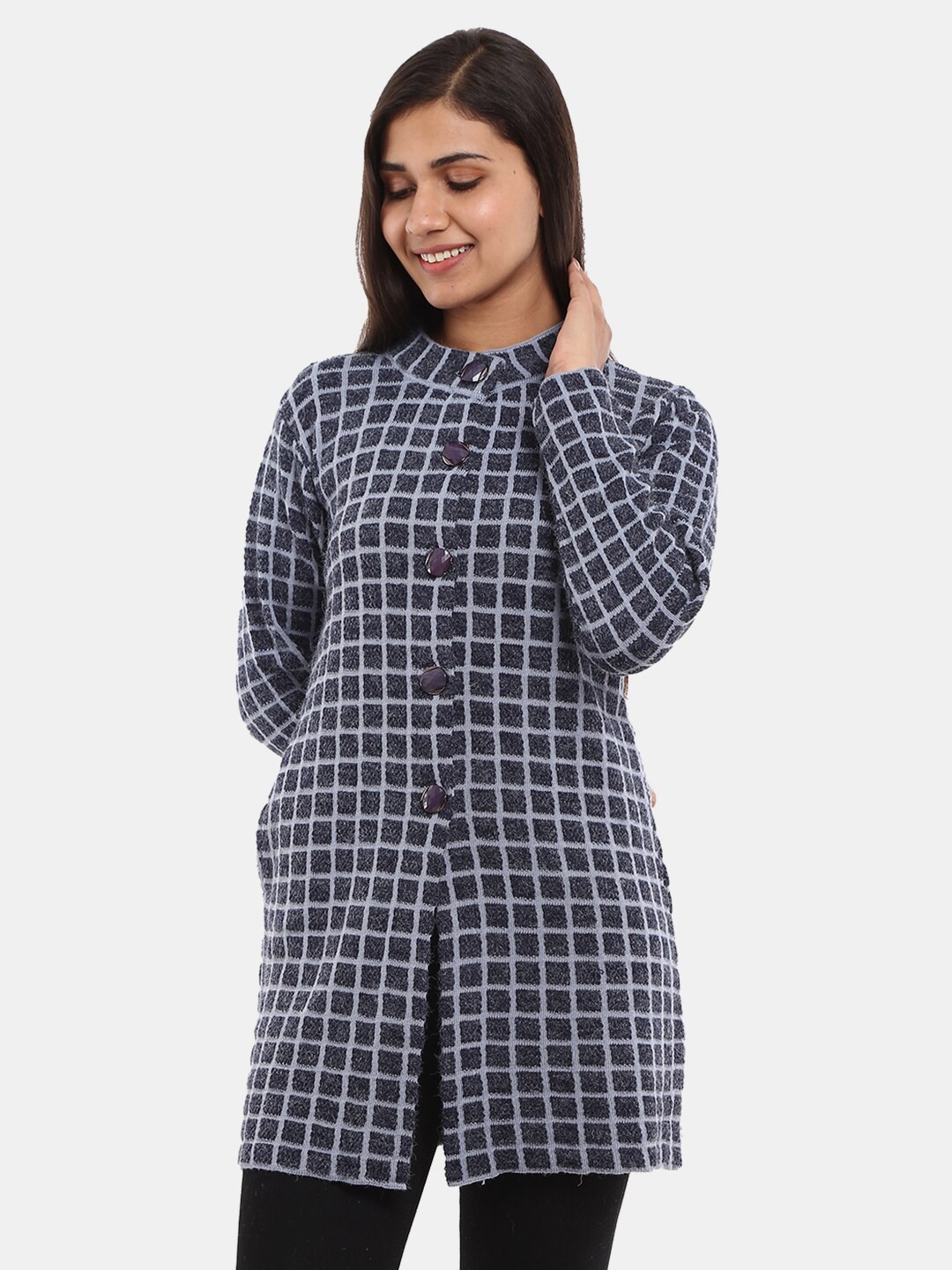 

V-Mart Checked Cotton Longline Cardigan Sweaters, Blue