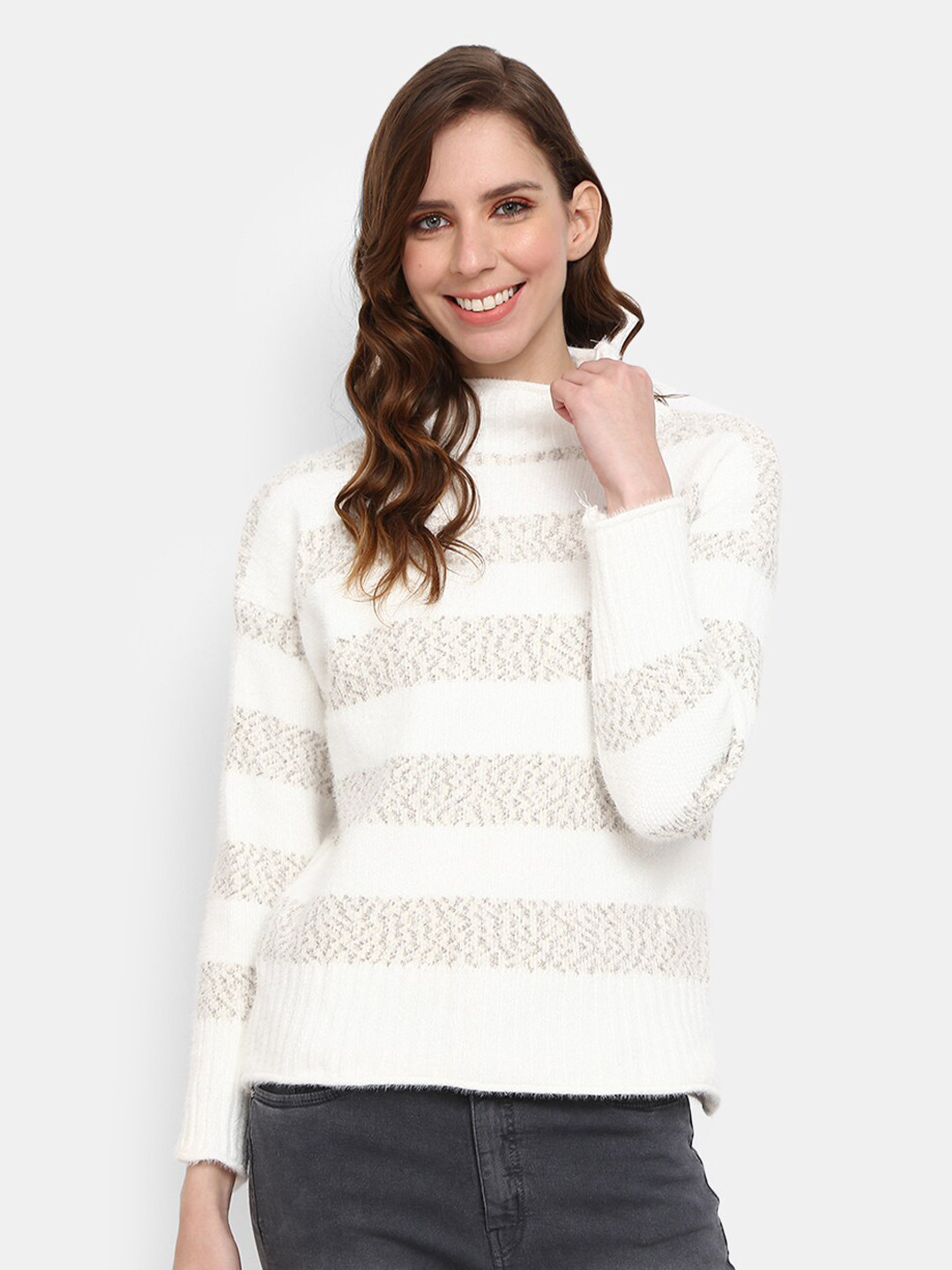 

V-Mart Horizontal Striped Turtle Neck Cotton Pullover, Grey