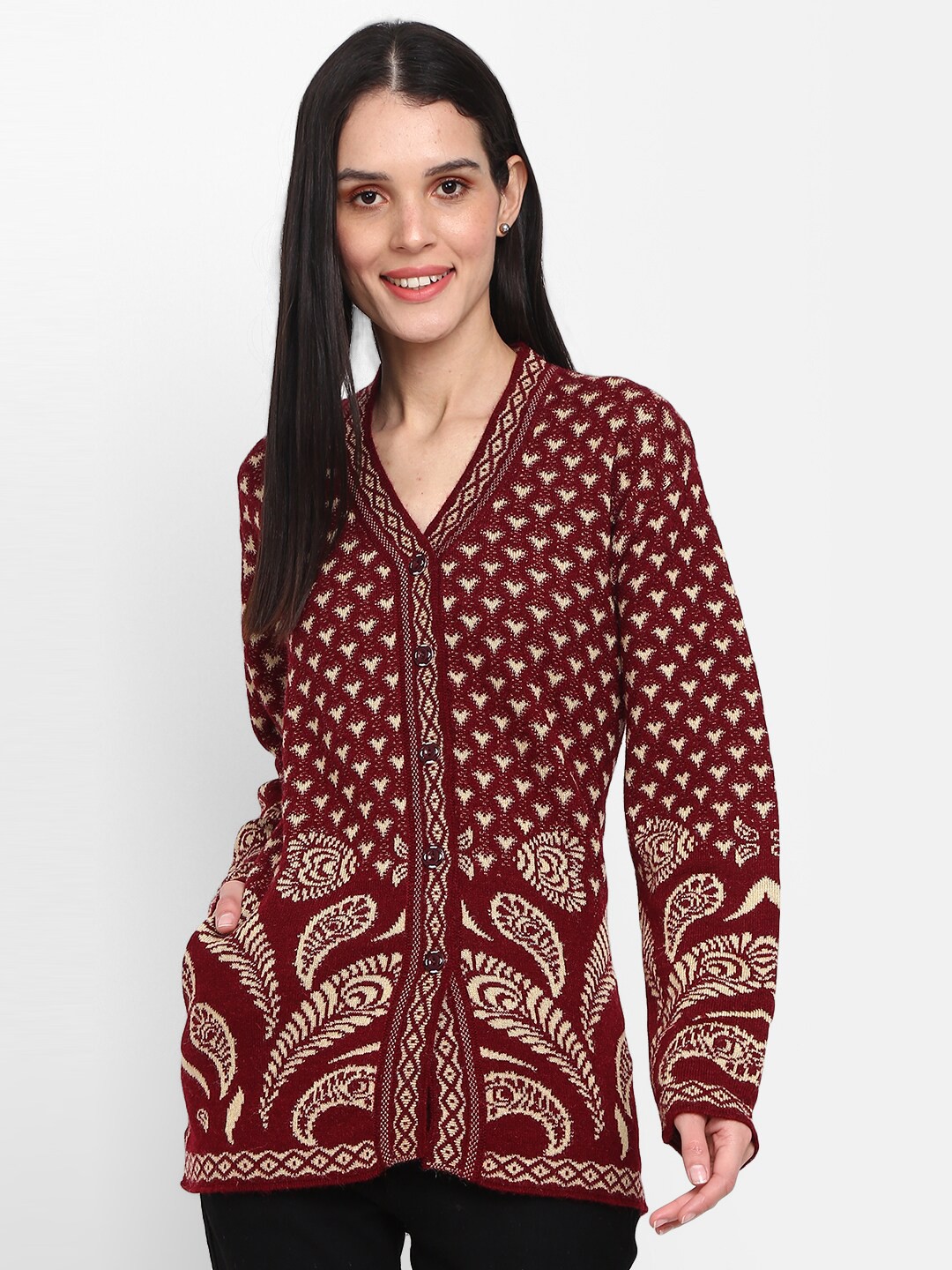 

V-Mart Ethnic Motifs Printed V-Neck Cotton Longline Cardigan, Beige