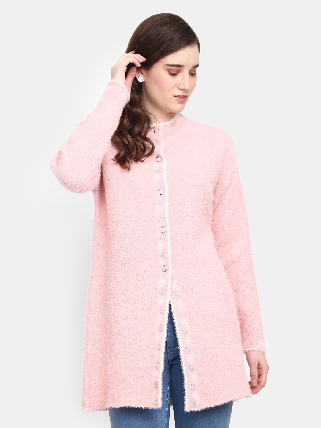 

V-Mart Boucle Round Neck Fuzzy Cotton Longline Cardigan, Pink