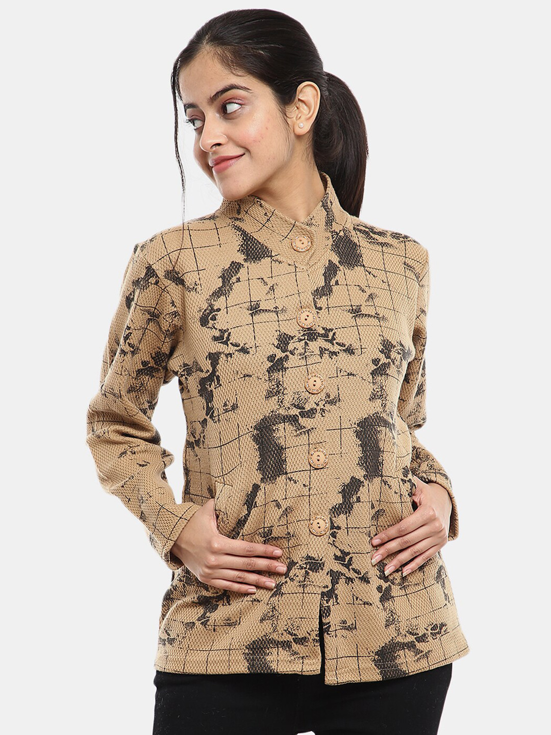 

V-Mart Abstract Printed Acrylic Cardigan Sweater, Brown