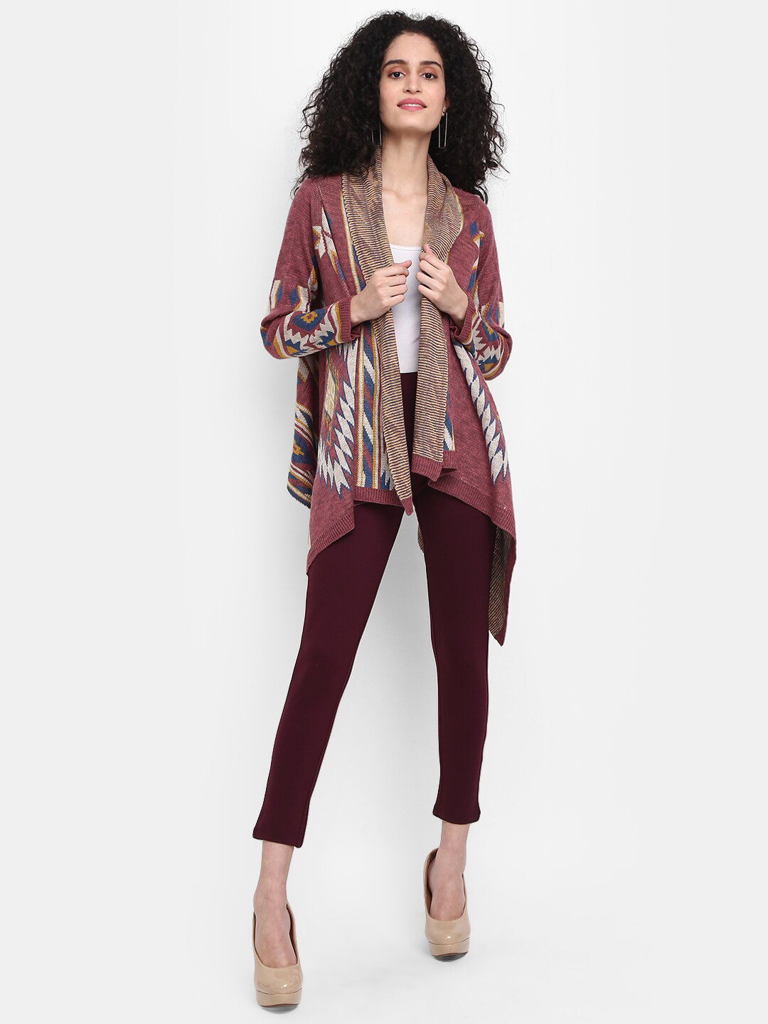 

V-Mart Geometric Printed Shawl Collar Front-Open Acrylic Sweater, Mauve