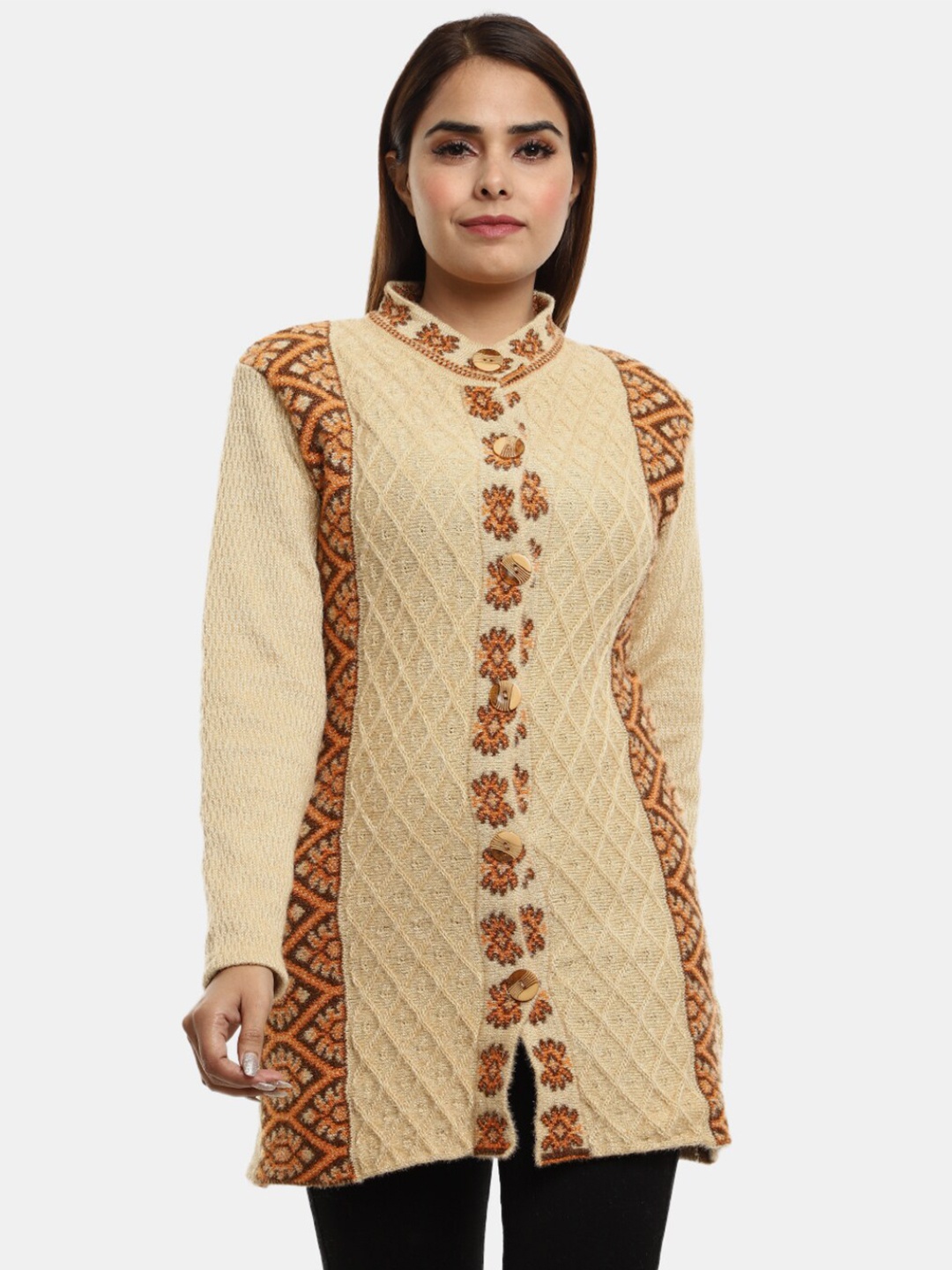 

V-Mart Cable Knit Mandarin Collar Longline Acrylic Cardigan, Beige