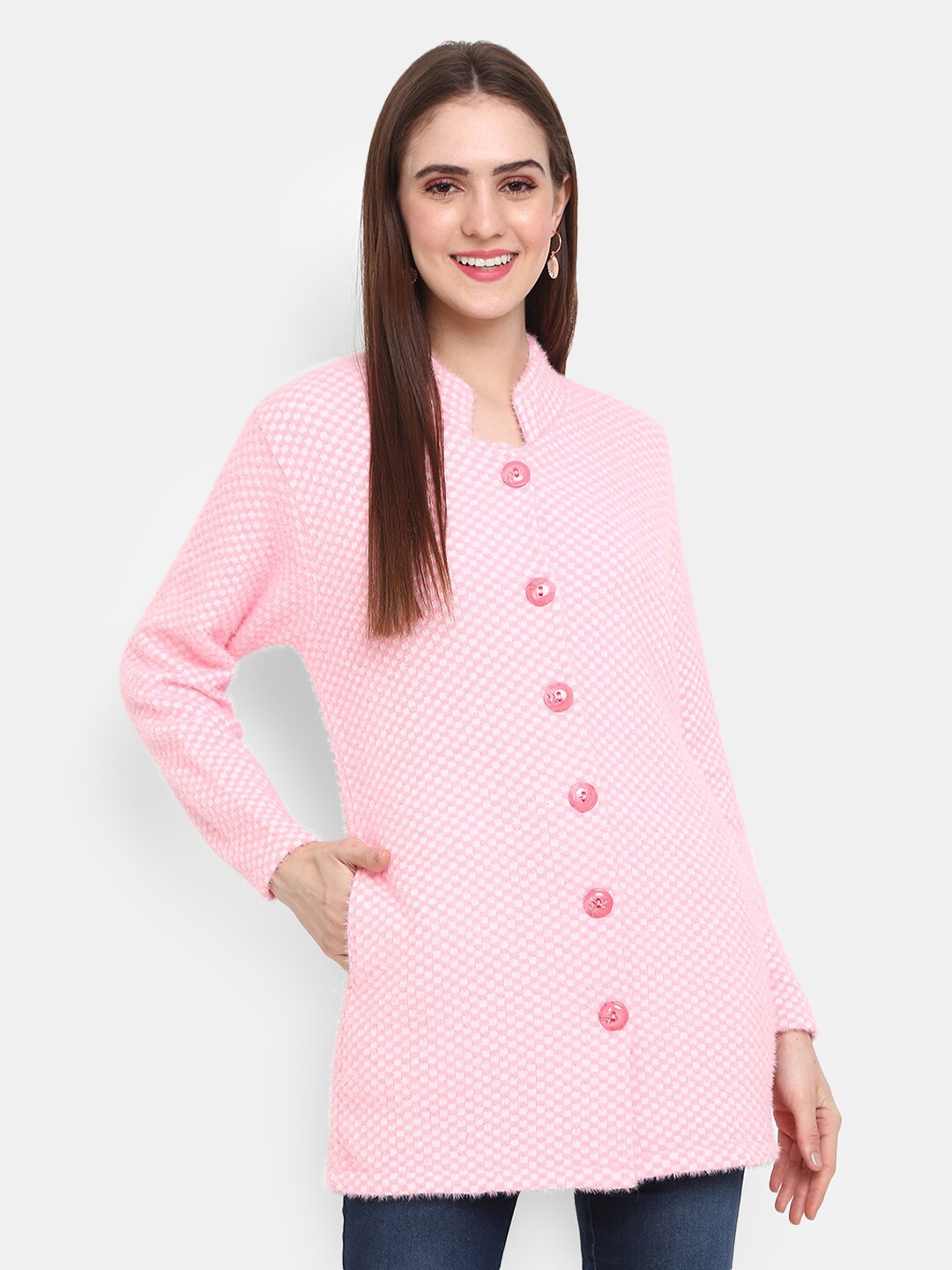 

V-Mart Boucle Printed Longline Jacquard Cotton Cardigan Sweater, Pink