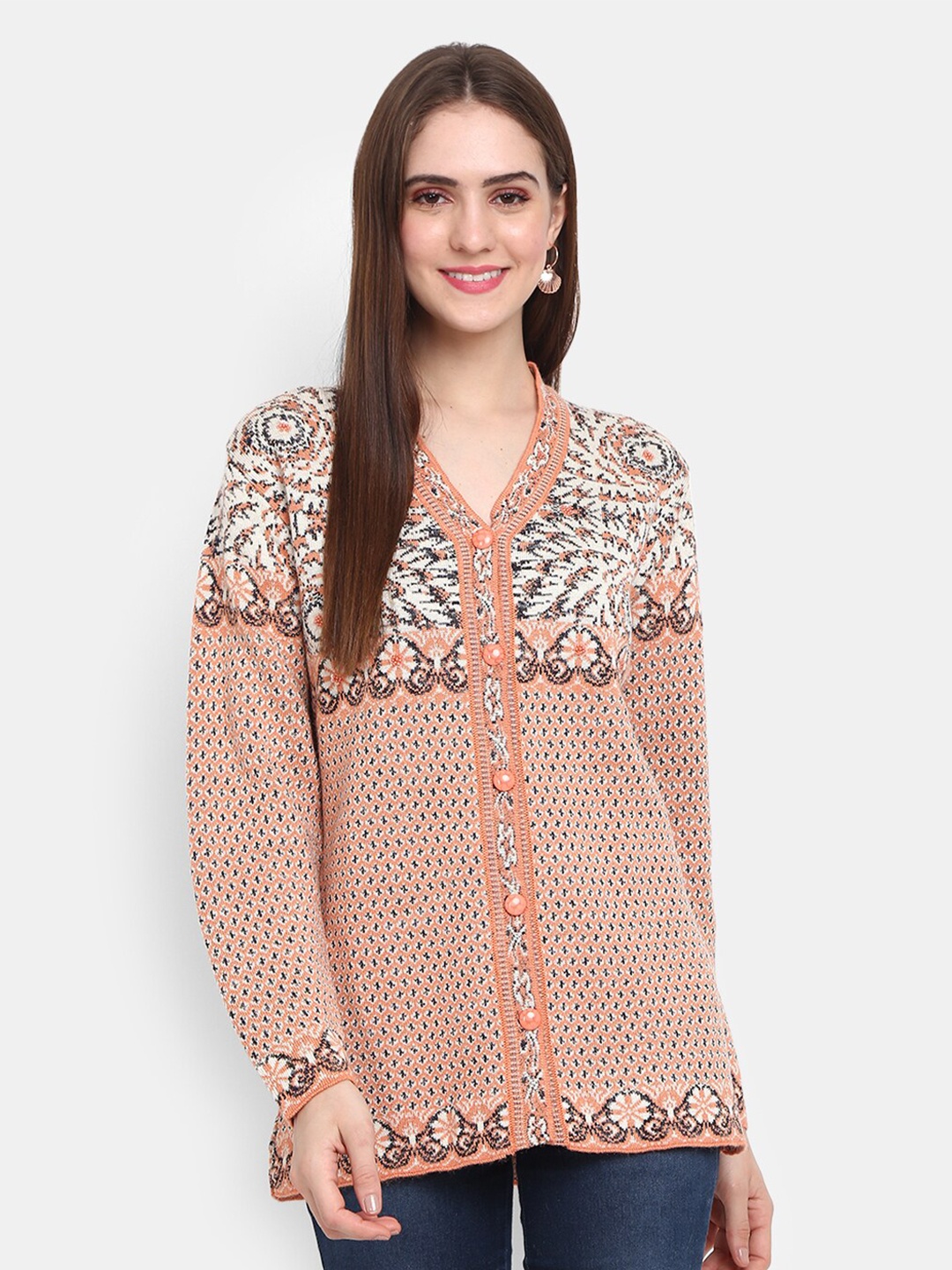 

V-Mart Ethnic Motifs Printed V-Neck Longline Cotton Cardigan Sweater, Peach