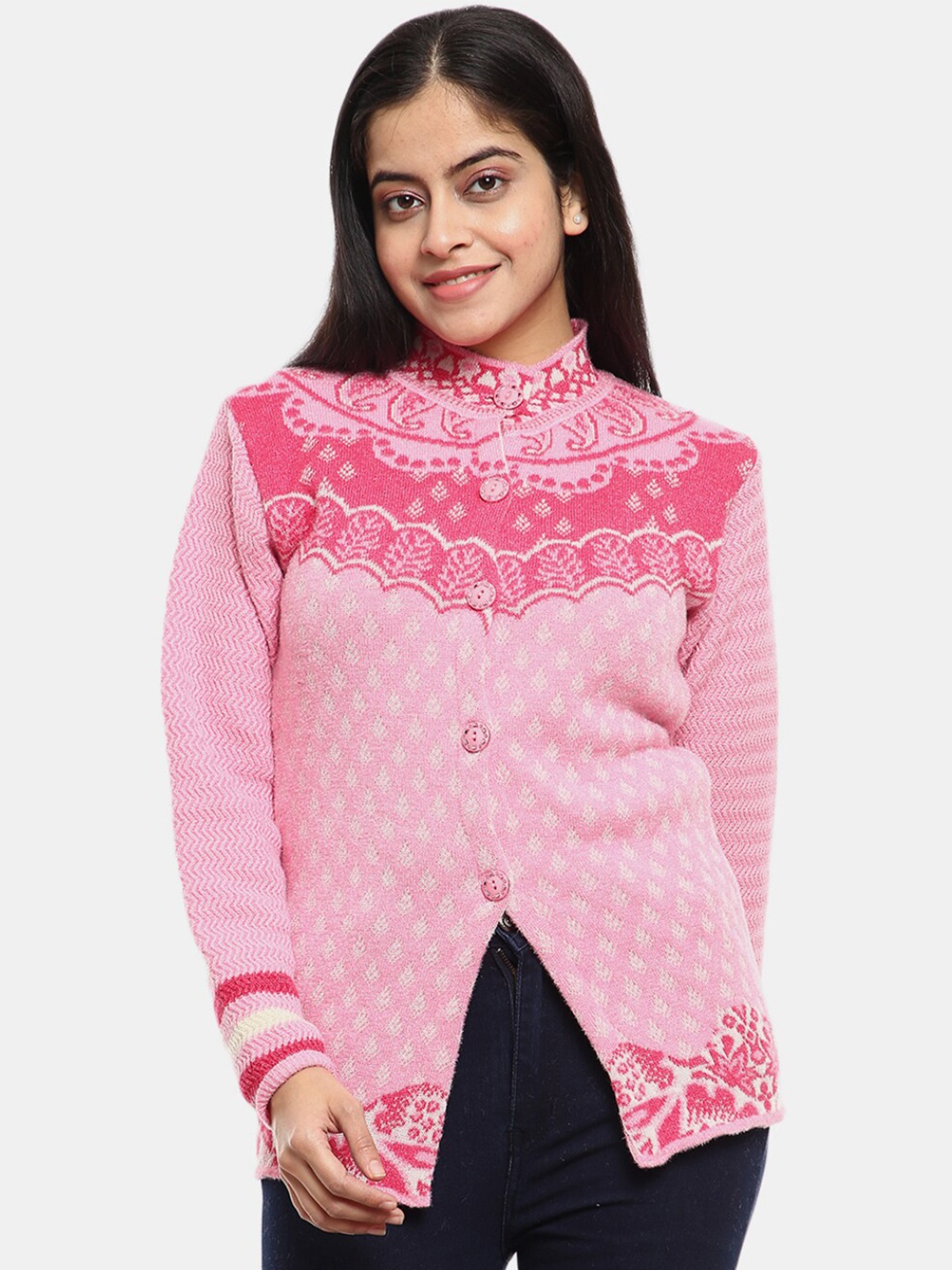 

V-Mart Ethnic Motifs Printed Acrylic Cardigan Sweater, Pink