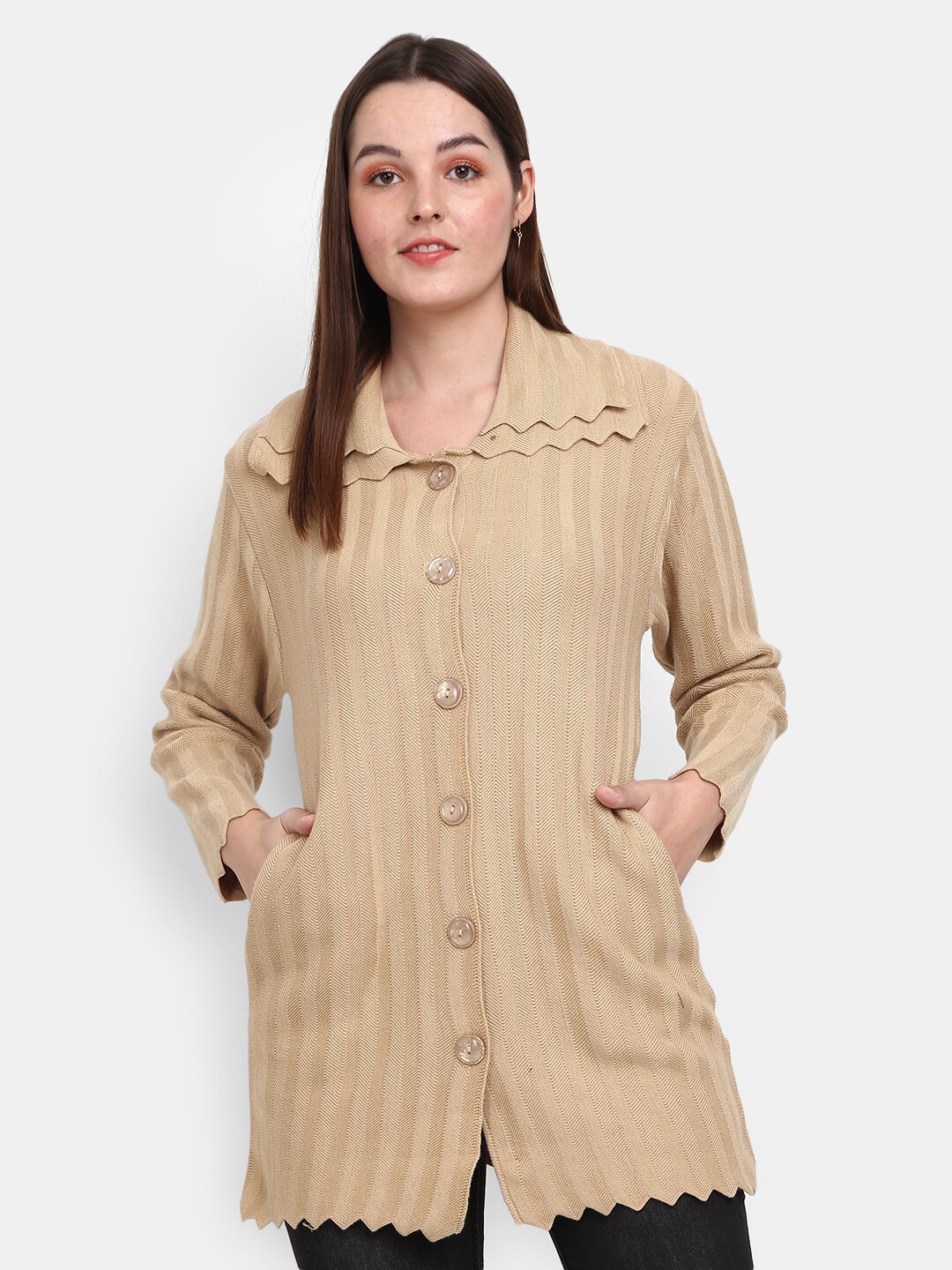 V-Mart Self Design Shirt Collar Longline Cardigan, Beige