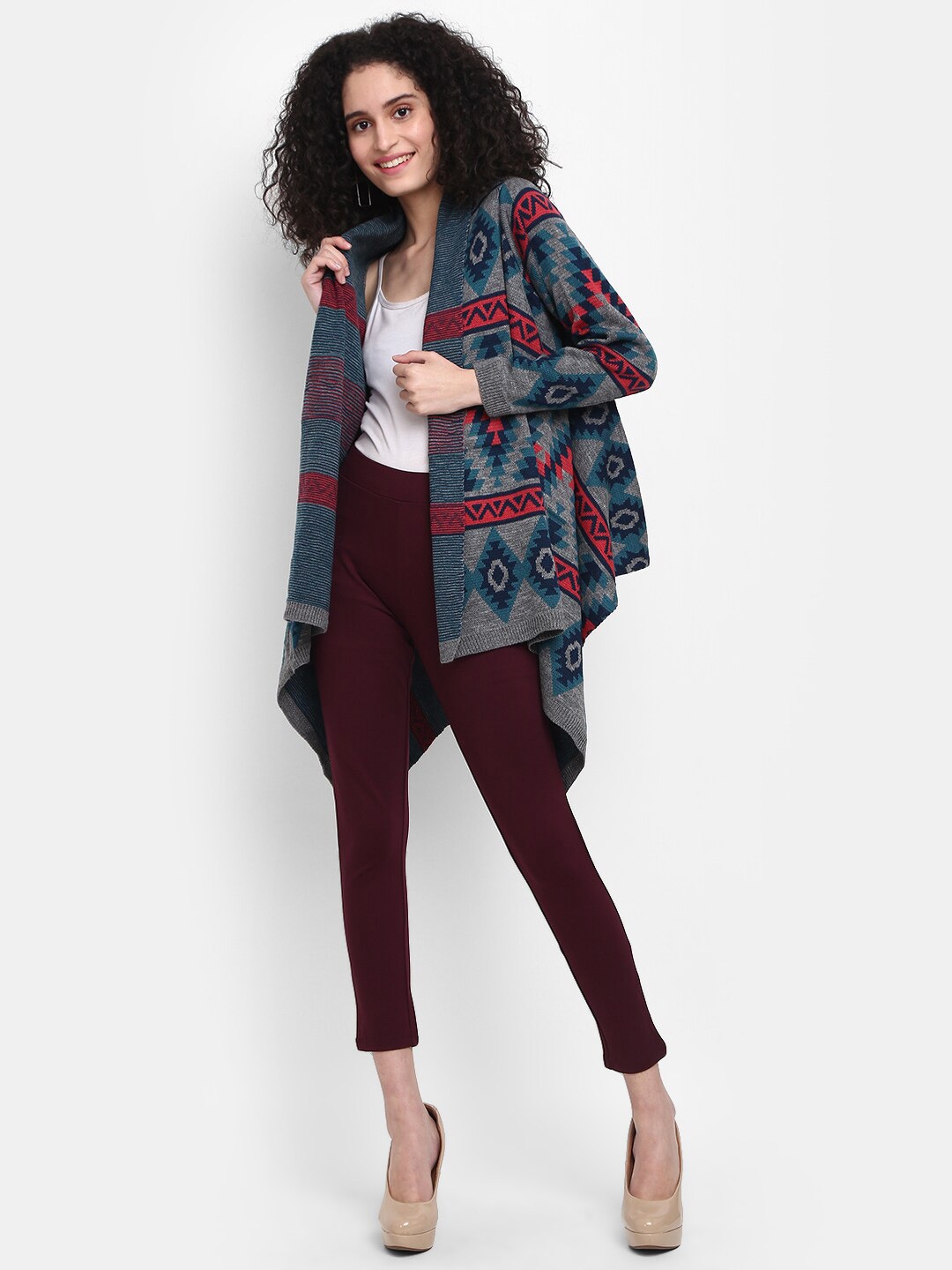 

V-Mart Ethnic Motifs Printed Asymmetric Acrylic Front-Open Sweater, Grey
