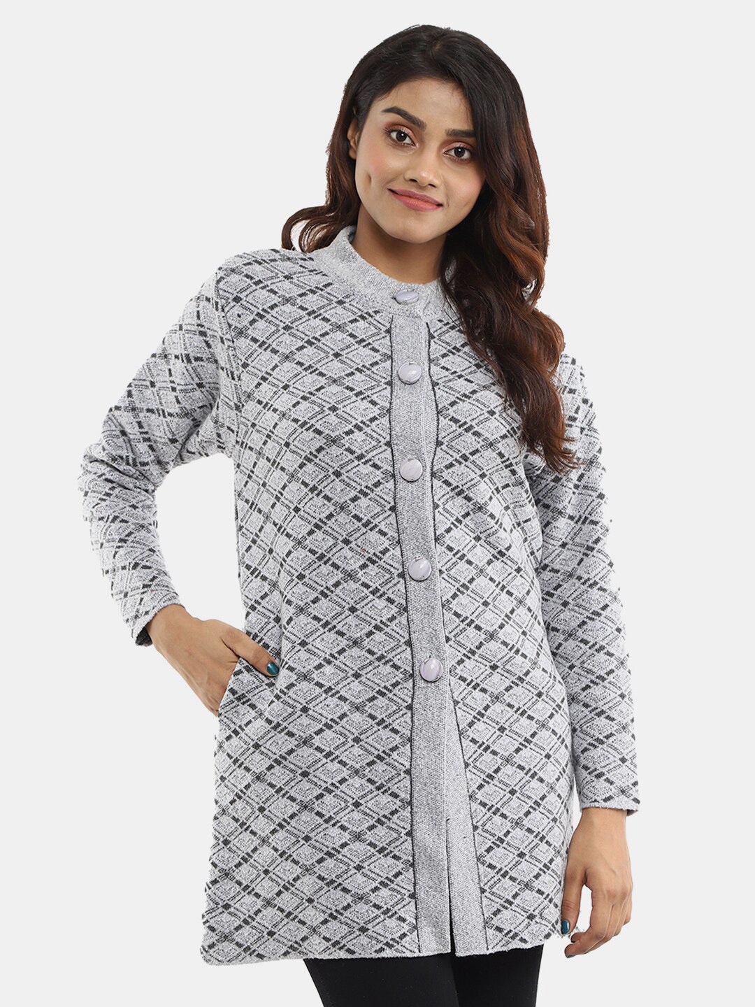 

V-Mart Checked Mock Collar Cotton Cardigan, Grey