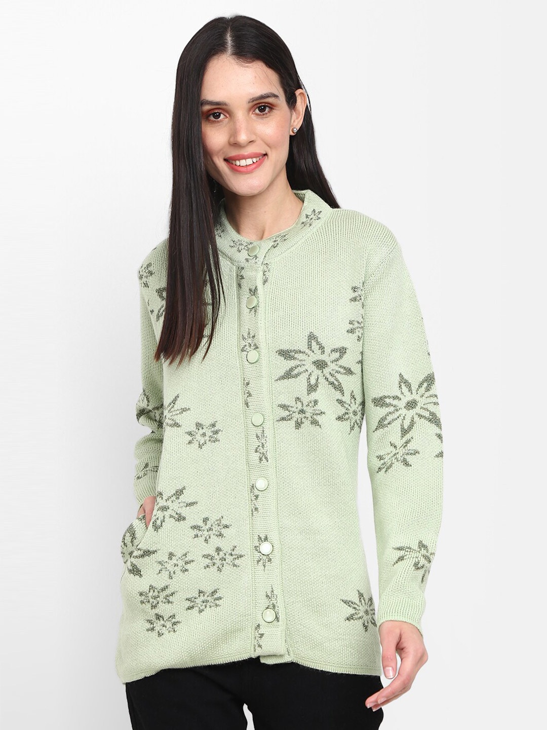 

V-Mart Floral Printed Cotton Cardigan Sweater, Green