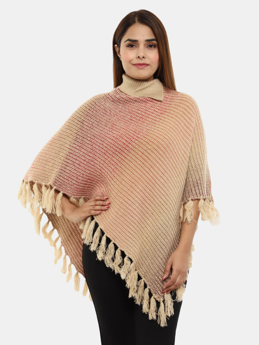 

V-Mart Ribbed Fringed Detail Turtle Neck Cotton Poncho Sweater, Beige