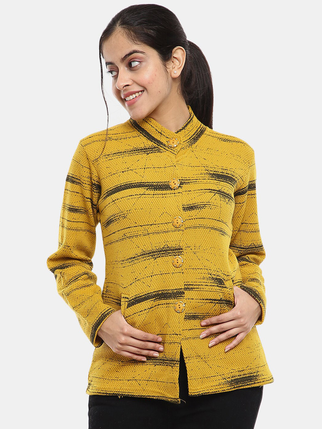 

V-Mart Abstract Printed Mock Collar Acrylic Cardigan Sweater, Yellow