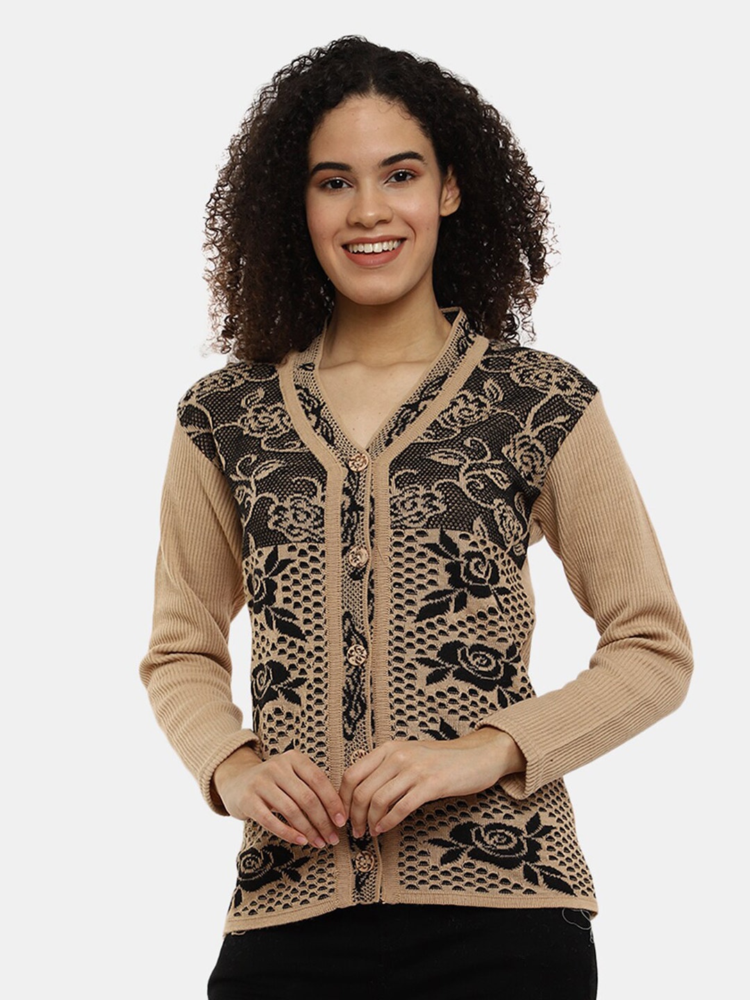 

V-Mart Floral Printed V-Neck Acrylic Cardigan, Brown