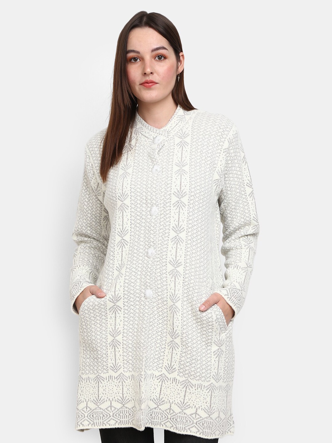 

V-Mart Geometric Self Design Button Detail Cotton Longline Cardigan, Off white