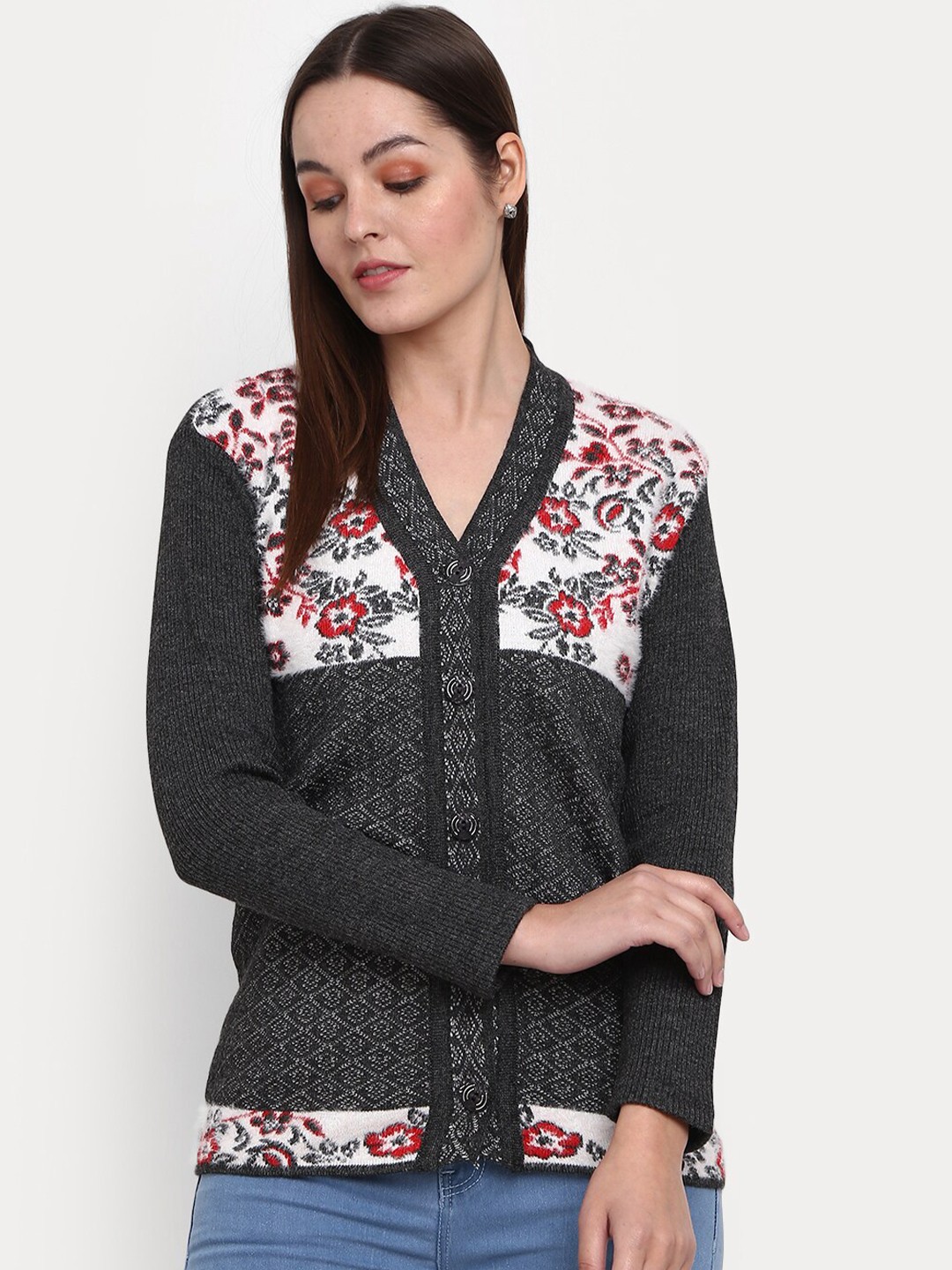 

V-Mart Floral Printed V-Neck Cardigan Sweater, Grey